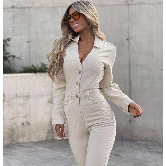 NEW IN !!!! GOLD BUTTON DENIM JUMPSUIT ZARA - Picture 4 of 10